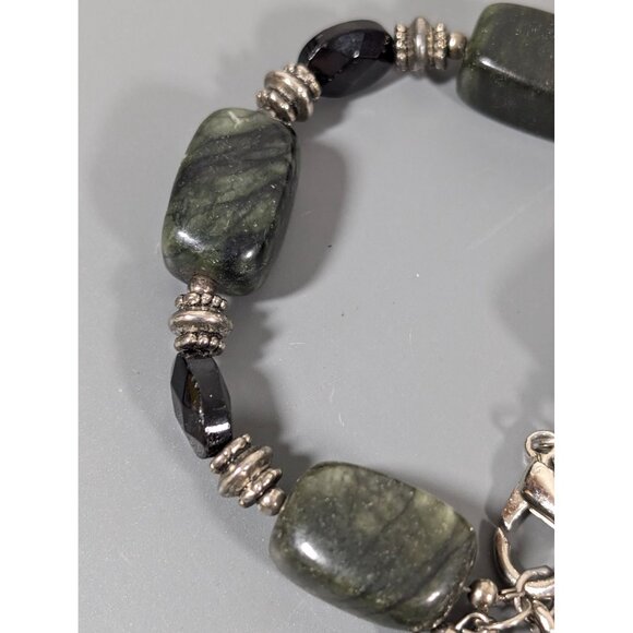 Polished Green Stone Bead Black Faceted Glass Bracelet Chunky Boho Statement 7" - Picture 5 of 7